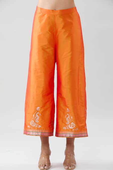 Peenacolada Orange Silk Embroidery Round Neck Floral Pattern Kurta Pant Set Online at Aza Fashions Peenacolada_Orange Silk Embroidery Round Neck Floral Pattern Kurta Pant Set _Online_at_Aza_Fashions