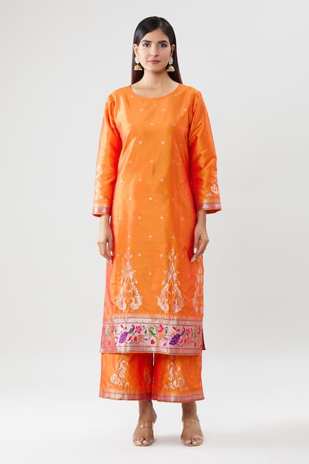 Buy Peenacolada Orange Silk Embroidery Round Neck Floral Pattern Kurta Pant Set Online at Aza Fashions Buy_Peenacolada_Orange Silk Embroidery Round Neck Floral Pattern Kurta Pant Set _Online_at_Aza_Fashions