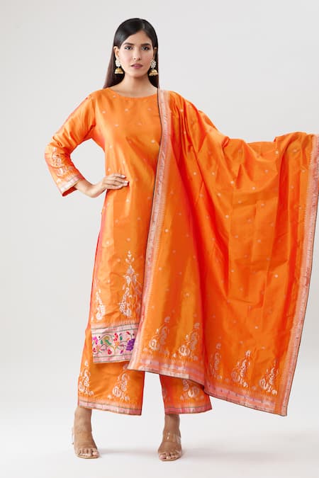 Shop Peenacolada Orange Silk Embroidery Round Neck Floral Pattern Kurta Pant Set Online at Aza Fashions Shop_Peenacolada_Orange Silk Embroidery Round Neck Floral Pattern Kurta Pant Set _Online_at_Aza_Fashions