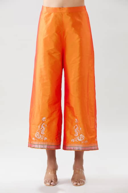 Buy Peenacolada Orange Silk Embroidery Round Neck Floral Pattern Kurta Pant Set Buy_Peenacolada_Orange Silk Embroidery Round Neck Floral Pattern Kurta Pant Set