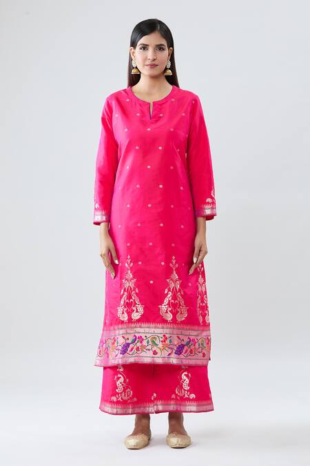 Peenacolada Pink Silk Embroidery Split V-neck Floral Pattern Notched Kurta Pant Set Online at Aza Fashions Peenacolada_Pink Silk Embroidery Split V-neck Floral Pattern Notched Kurta Pant Set _Online_at_Aza_Fashions