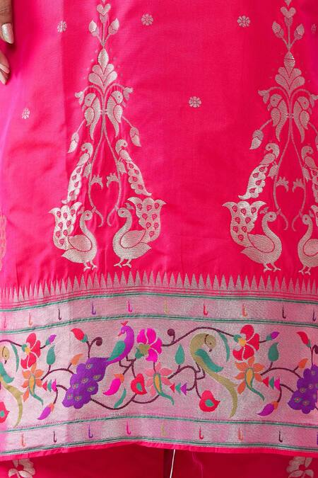 Shop Peenacolada Pink Silk Embroidery Split V-neck Floral Pattern Notched Kurta Pant Set Online at Aza Fashions Shop_Peenacolada_Pink Silk Embroidery Split V-neck Floral Pattern Notched Kurta Pant Set _Online_at_Aza_Fashions