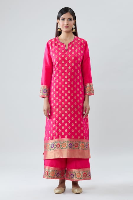 Peenacolada_Pink Silk Embroidery Keyhole Neck Floral Boota Pattern Kurta Pant Set _Online_at_Aza_Fashions