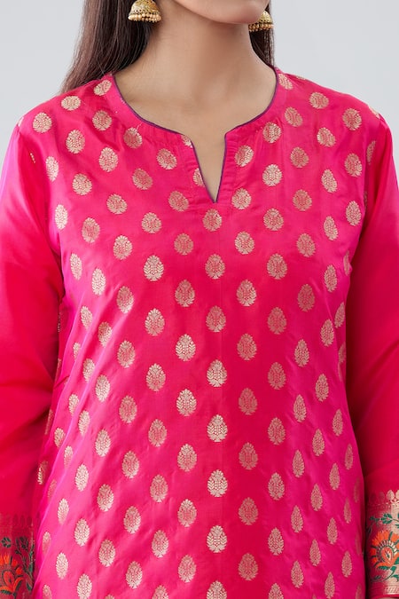 Shop_Peenacolada_Pink Silk Embroidery Keyhole Neck Floral Boota Pattern Kurta Pant Set _Online_at_Aza_Fashions