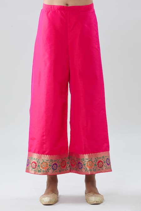 Peenacolada_Pink Silk Embroidery Keyhole Neck Floral Boota Pattern Kurta Pant Set _at_Aza_Fashions