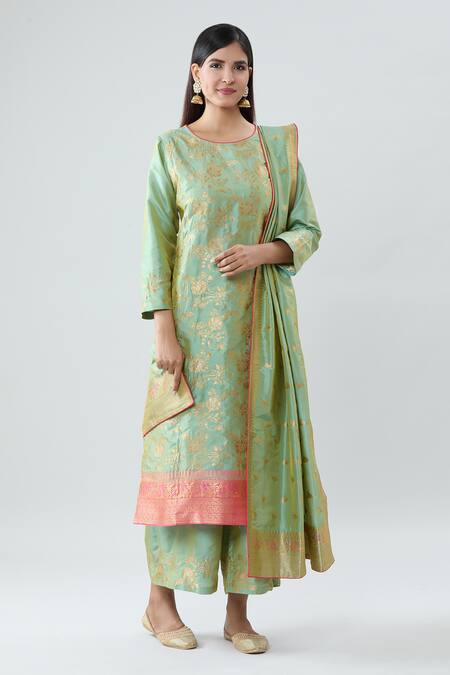 Buy_Peenacolada_Green Silk Embroidery Round Neck Floral Boota Pattern Kurta Pant Set _Online_at_Aza_Fashions