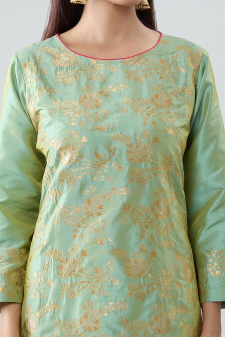 Shop_Peenacolada_Green Silk Embroidery Round Neck Floral Boota Pattern Kurta Pant Set _Online_at_Aza_Fashions