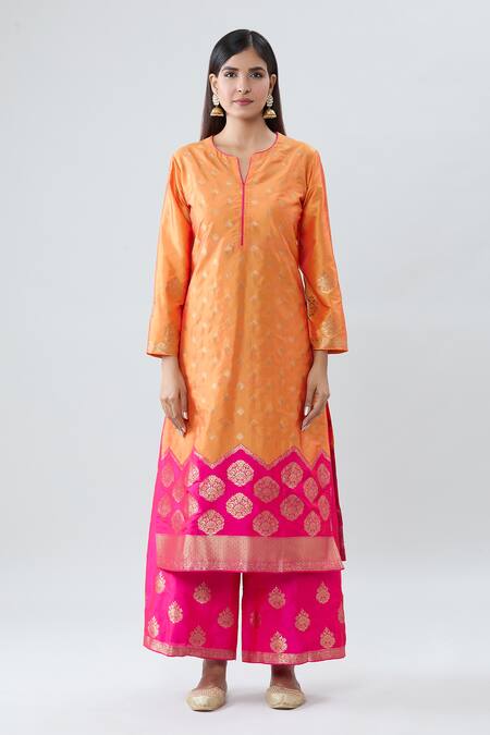 Peenacolada_Orange Silk Embroidery Split V-neck Floral Boota Pattern Notched Kurta Set _Online_at_Aza_Fashions