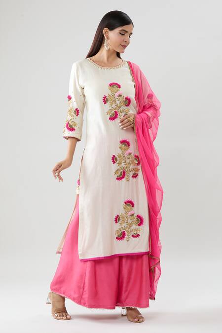 Buy_Peenacolada_White Chanderi Embroidery Round Neck Hand Kurta Pant Set _Online_at_Aza_Fashions