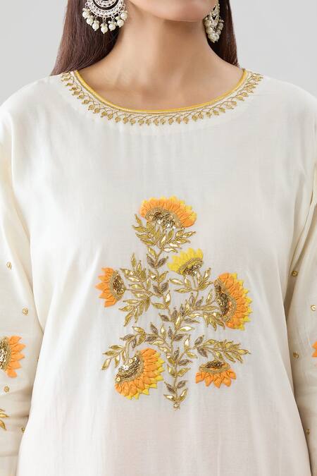 Shop Peenacolada White Chanderi Gota Patti, Embroidery Round Neck Hand Kurta Pant Set Online at Aza Fashions Shop_Peenacolada_White Chanderi Gota Patti, Embroidery Round Neck Hand Kurta Pant Set _Online_at_Aza_Fashions