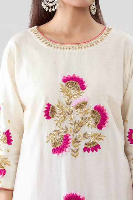 Shop_Peenacolada_White Chanderi, Linen Gota Patti, Embroidery Round Resham Hand Kurta Pant Set _Online_at_Aza_Fashions