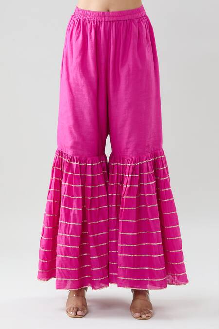 Peenacolada_White Chanderi, Linen Gota Patti, Embroidery Round Resham Hand Kurta Pant Set _at_Aza_Fashions