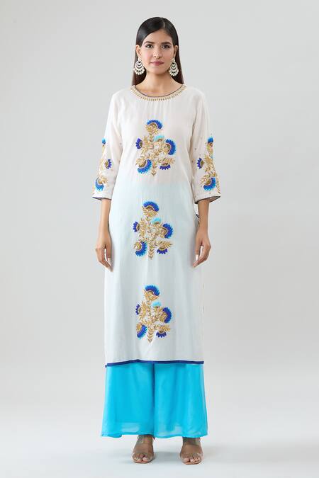 Peenacolada_White Chanderi Hand Embroidered Gota Round Kurta Set _Online_at_Aza_Fashions