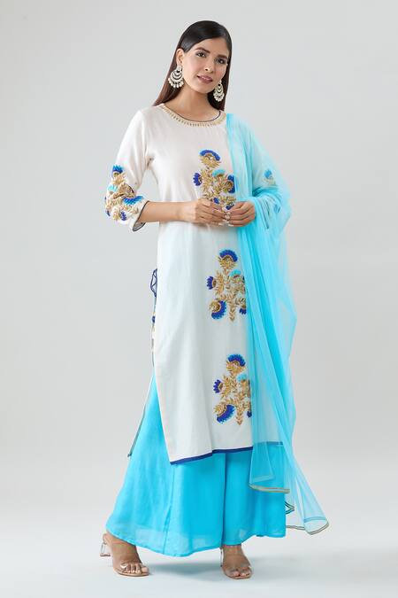 Buy_Peenacolada_White Chanderi Hand Embroidered Gota Round Kurta Set _Online_at_Aza_Fashions