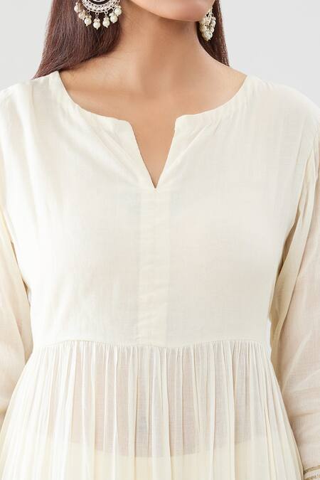 Shop Peenacolada Off White Muslin, Cotton Split V-neck Embroidered Anarkali Pant Set Online at Aza Fashions Shop_Peenacolada_Off White Muslin, Cotton Split V-neck Embroidered Anarkali Pant Set _Online_at_Aza_Fashions