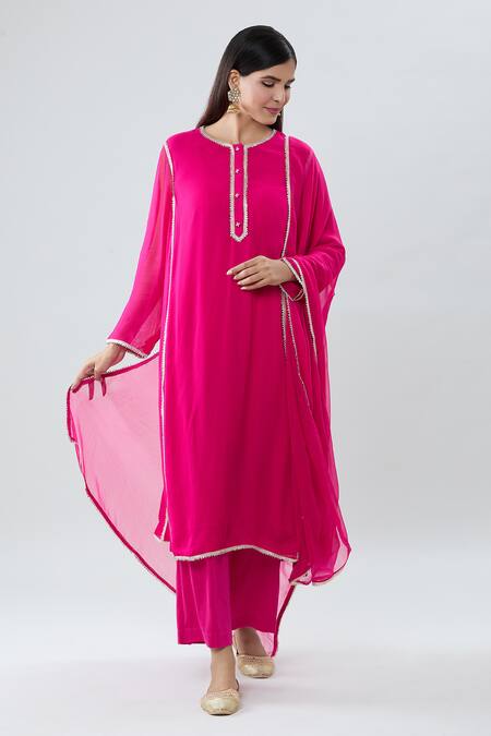 Peenacolada Pink Chanderi, Georgette, Cotton Gota Patti Border Embroidered Anarkali Pant Set Online at Aza Fashions Peenacolada_Pink Chanderi, Georgette, Cotton Gota Patti Border Embroidered Anarkali Pant Set _Online_at_Aza_Fashions
