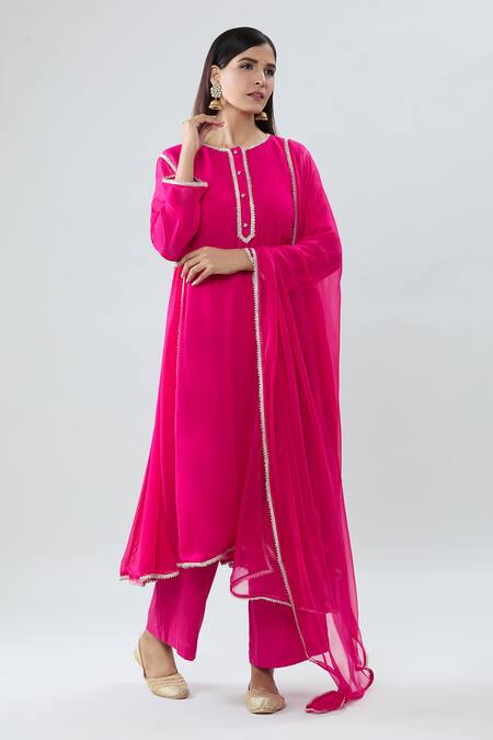 Buy Peenacolada Pink Chanderi, Georgette, Cotton Gota Patti Border Embroidered Anarkali Pant Set Online at Aza Fashions Buy_Peenacolada_Pink Chanderi, Georgette, Cotton Gota Patti Border Embroidered Anarkali Pant Set _Online_at_Aza_Fashions