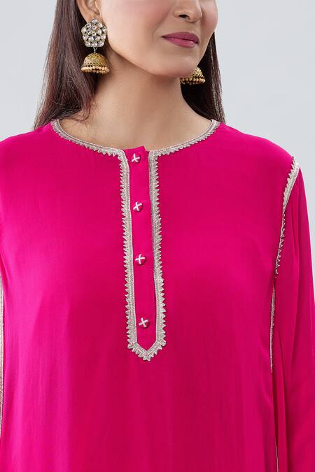 Shop Peenacolada Pink Chanderi, Georgette, Cotton Gota Patti Border Embroidered Anarkali Pant Set Online at Aza Fashions Shop_Peenacolada_Pink Chanderi, Georgette, Cotton Gota Patti Border Embroidered Anarkali Pant Set _Online_at_Aza_Fashions