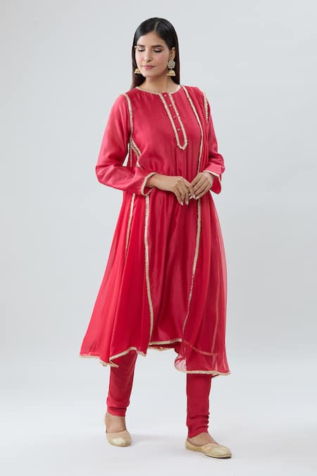 Peenacolada_Red Chanderi, Georgette, Cotton Gota Patti Border Embroidered Anarkali Pant Set _Online_at_Aza_Fashions