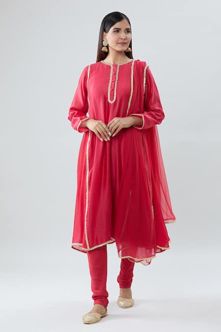 Buy_Peenacolada_Red Chanderi, Georgette, Cotton Gota Patti Border Embroidered Anarkali Pant Set _Online_at_Aza_Fashions