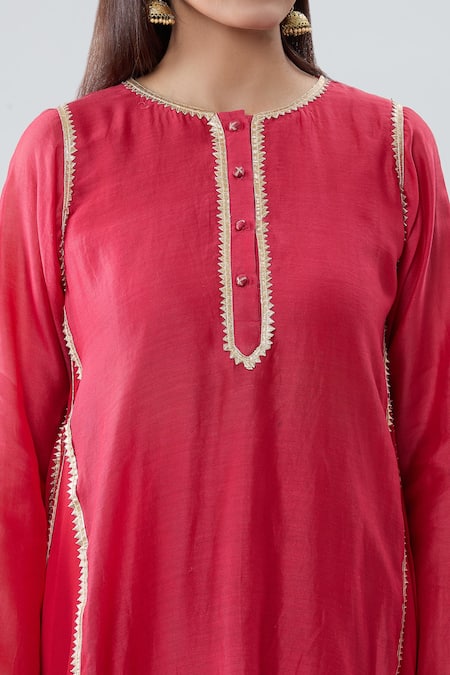 Shop_Peenacolada_Red Chanderi, Georgette, Cotton Gota Patti Border Embroidered Anarkali Pant Set _Online_at_Aza_Fashions