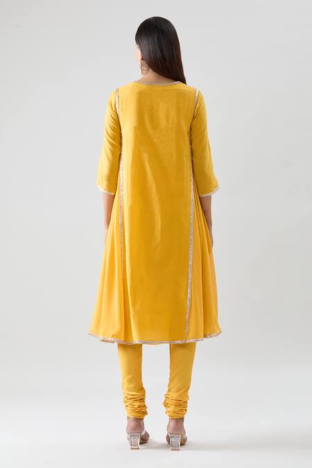 Shop_Peenacolada_Yellow Chanderi, Georgette, Cotton Gota Patti Border Work Anarkali Pant Set _at_Aza_Fashions