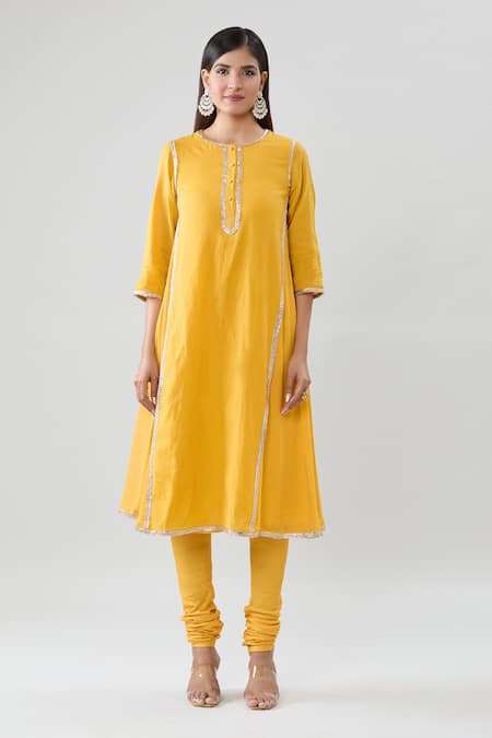 Peenacolada_Yellow Chanderi, Georgette, Cotton Gota Patti Border Work Anarkali Pant Set _Online_at_Aza_Fashions