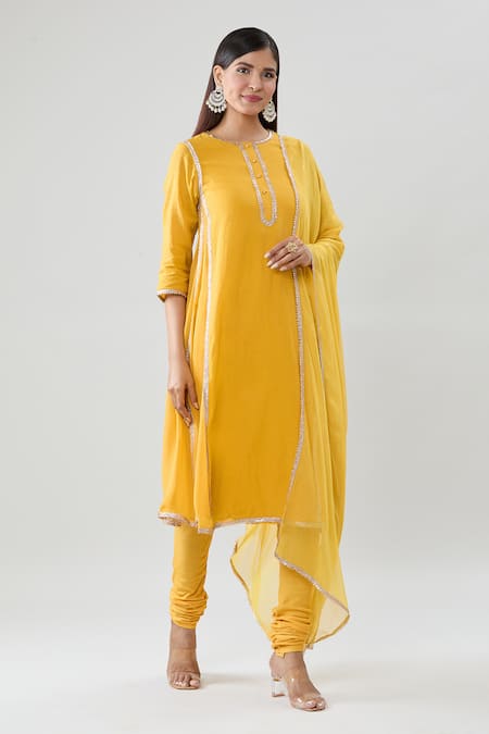 Buy_Peenacolada_Yellow Chanderi, Georgette, Cotton Gota Patti Border Work Anarkali Pant Set _Online_at_Aza_Fashions