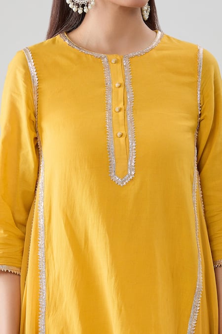 Shop_Peenacolada_Yellow Chanderi, Georgette, Cotton Gota Patti Border Work Anarkali Pant Set _Online_at_Aza_Fashions