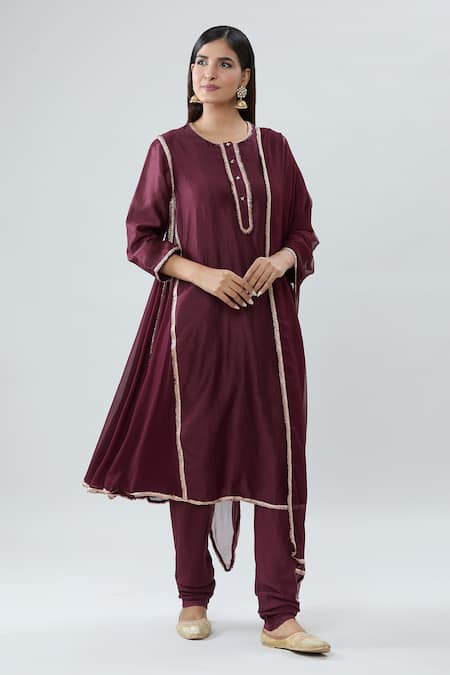 Peenacolada_Wine Chanderi, Georgette, Cotton Gota Patti Round Neck Embroidered Anarkali Set _Online_at_Aza_Fashions