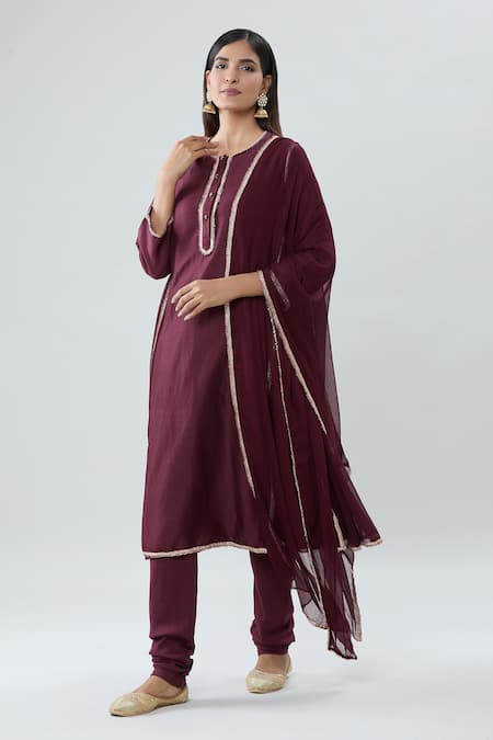 Buy_Peenacolada_Wine Chanderi, Georgette, Cotton Gota Patti Round Neck Embroidered Anarkali Set _Online_at_Aza_Fashions