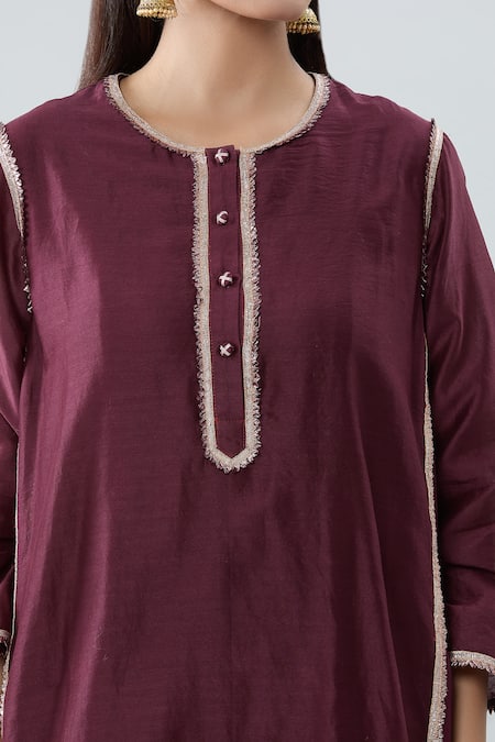Shop_Peenacolada_Wine Chanderi, Georgette, Cotton Gota Patti Round Neck Embroidered Anarkali Set _Online_at_Aza_Fashions