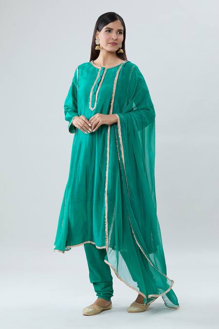 Buy_Peenacolada_Green Chanderi, Georgette, Cotton Gota Patti Border Embroidered Anarkali Set _Online_at_Aza_Fashions