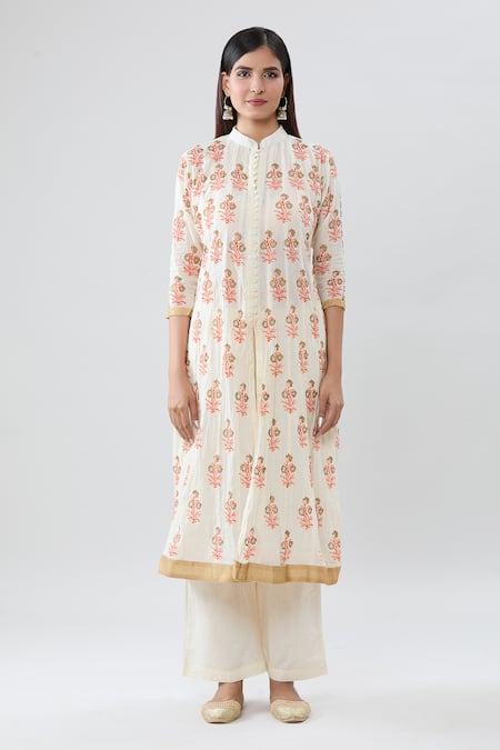 Peenacolada_Cream Cotton Embroidery Mandarin Collar Floral Block Print Kurta Pant Set _Online_at_Aza_Fashions