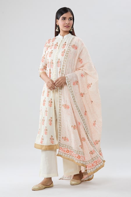 Buy_Peenacolada_Cream Cotton Embroidery Mandarin Collar Floral Block Print Kurta Pant Set _Online_at_Aza_Fashions