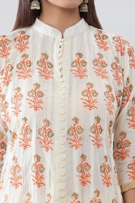 Shop_Peenacolada_Cream Cotton Embroidery Mandarin Collar Floral Block Print Kurta Pant Set _Online_at_Aza_Fashions