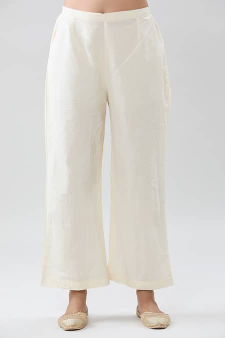 Peenacolada_Cream Cotton Embroidery Mandarin Collar Floral Block Print Kurta Pant Set _at_Aza_Fashions