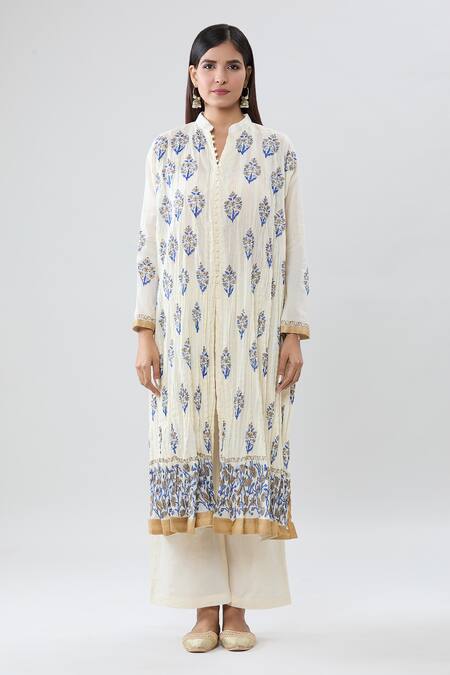 Peenacolada_Cream Cotton Embroidery Mandarin Collar Block Print Kurta Pant Set _Online_at_Aza_Fashions