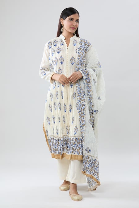 Buy_Peenacolada_Cream Cotton Embroidery Mandarin Collar Block Print Kurta Pant Set _Online_at_Aza_Fashions