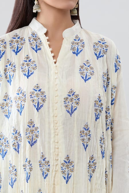 Shop_Peenacolada_Cream Cotton Embroidery Mandarin Collar Block Print Kurta Pant Set _Online_at_Aza_Fashions