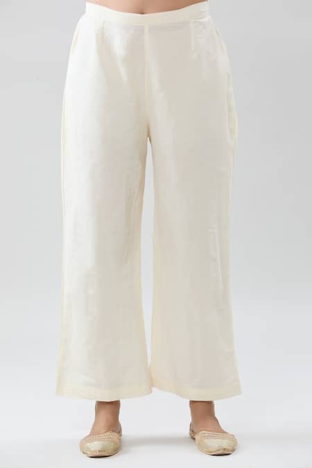 Peenacolada_Cream Cotton Embroidery Mandarin Collar Block Print Kurta Pant Set _at_Aza_Fashions