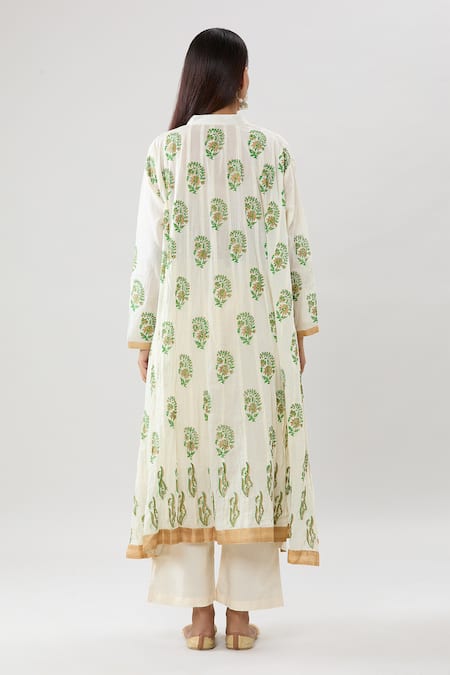 Shop_Peenacolada_Cream Cotton Embroidery Mandarin Collar Floral Print Kurta Pant Set _at_Aza_Fashions