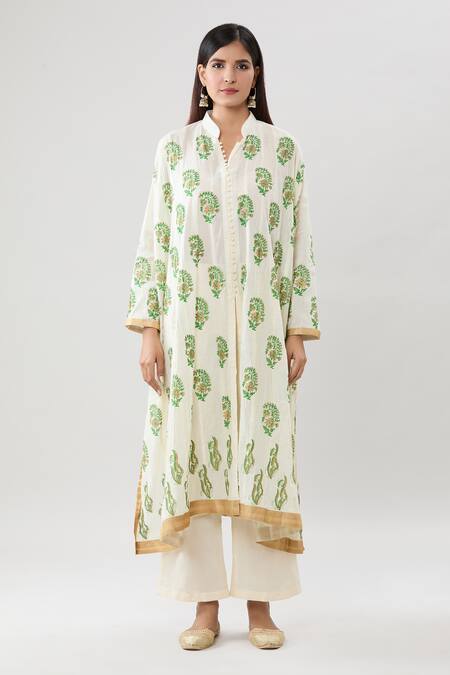 Peenacolada_Cream Cotton Embroidery Mandarin Collar Floral Print Kurta Pant Set _Online_at_Aza_Fashions