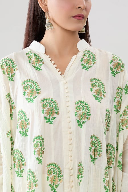 Shop_Peenacolada_Cream Cotton Embroidery Mandarin Collar Floral Print Kurta Pant Set _Online_at_Aza_Fashions