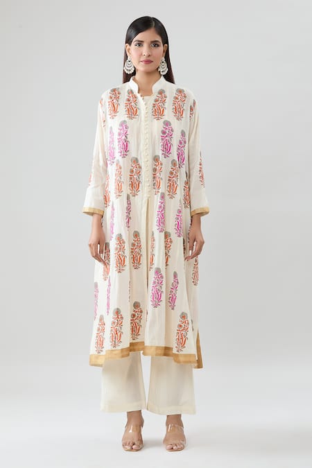 Peenacolada_Cream Cotton Embroidery, Sequins Mandarin Floral Block Pattern Kurta Pant Set _Online_at_Aza_Fashions