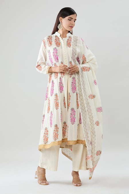 Buy_Peenacolada_Cream Cotton Embroidery, Sequins Mandarin Floral Block Pattern Kurta Pant Set _Online_at_Aza_Fashions