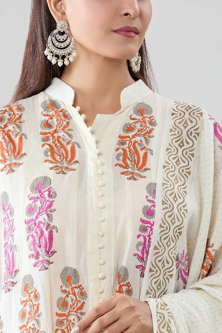 Shop_Peenacolada_Cream Cotton Embroidery, Sequins Mandarin Floral Block Pattern Kurta Pant Set _Online_at_Aza_Fashions