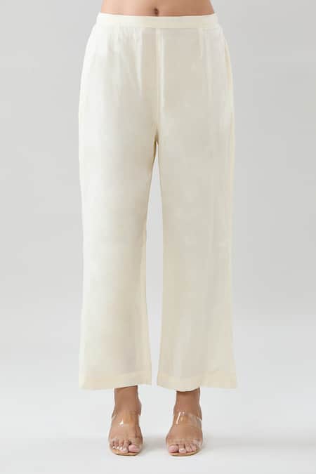 Peenacolada_Cream Cotton Embroidery, Sequins Mandarin Floral Block Pattern Kurta Pant Set _at_Aza_Fashions