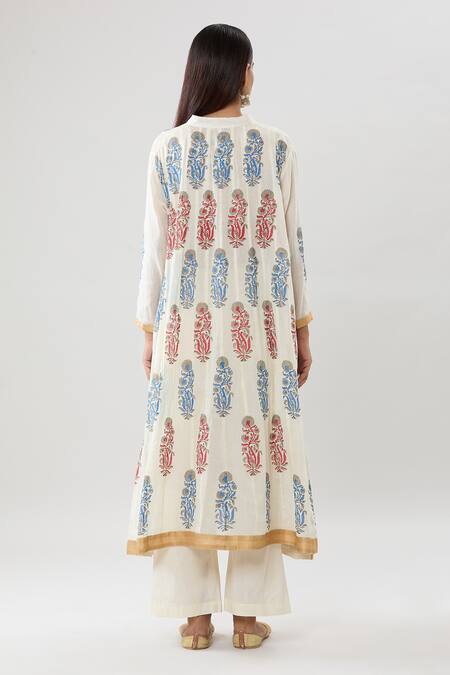 Shop_Peenacolada_Cream Cotton, Muslin Embroidery Mandarin Collar Floral Pattern Kurta Pant Set_at_Aza_Fashions