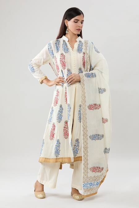 Buy_Peenacolada_Cream Cotton, Muslin Embroidery Mandarin Collar Floral Pattern Kurta Pant Set_Online_at_Aza_Fashions
